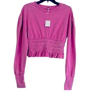 Free People Pink Smocked Waist Cropped Long Sleeve Top Size S